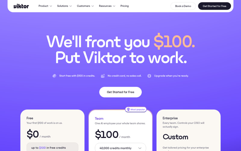 Viktor’s pricing page: the Free tier at $0 a month with up to $100 of credits, no credit card and no sales call, noting that it lives in Slack and Microsoft Teams and works across 3,200+ tools.
