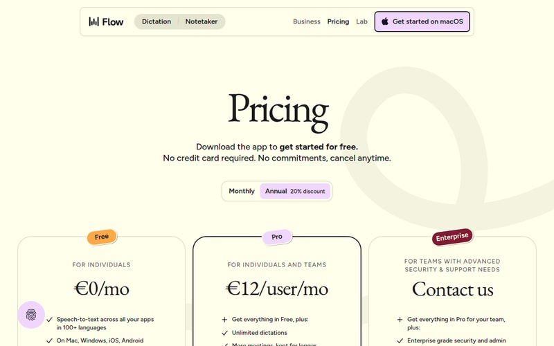 Wispr Flow’s pricing page: three tiers — a free plan for individuals, Pro for individuals and teams, and a contact-sales Enterprise tier — with a monthly/annual toggle advertising a 20% annual discount.