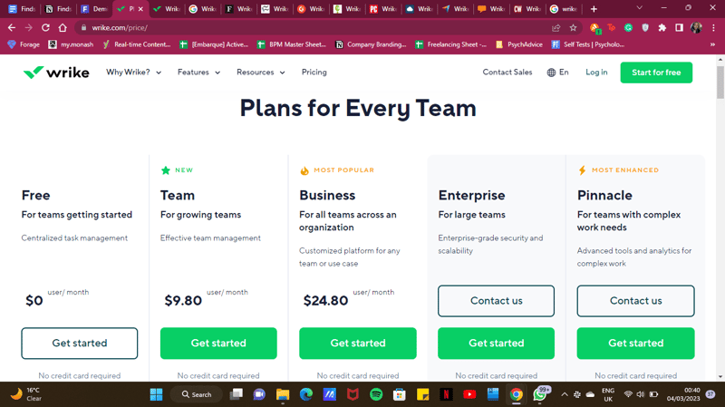 Wrike Pricing page