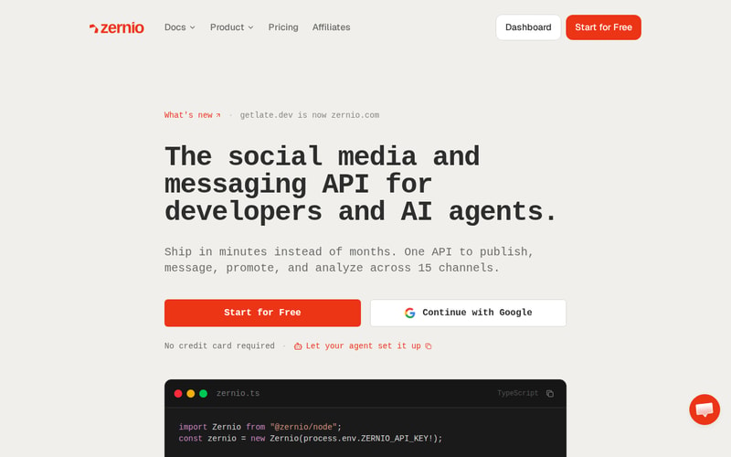 Zernio’s homepage, headed “The social media and messaging API for developers and AI agents”, promising to ship in minutes instead of months with one API, and noting that getlate.dev is now zernio.com.