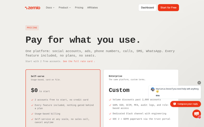 Zernio’s pricing page, headed “Pay for what you use”, offering 2 free accounts to start with no credit card, usage-based billing, every feature included with nothing gated behind a plan, and a separate enterprise track.