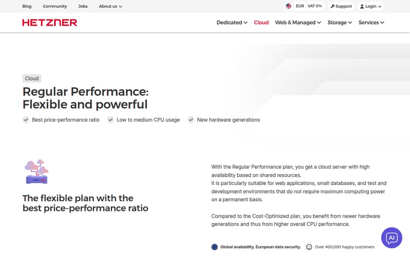 Hetzner Cloud Regular Performance page describing shared-resource cloud servers suited to web applications, small databases and test environments