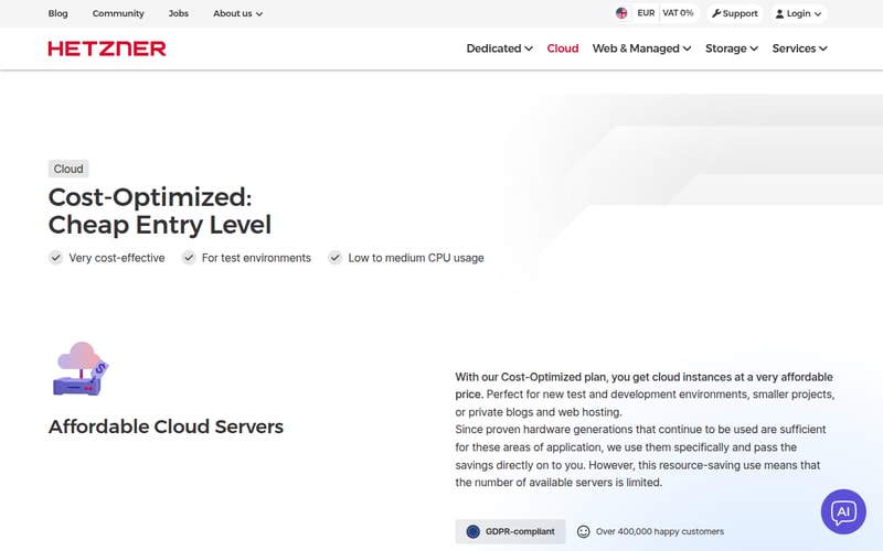 Hetzner Cloud Cost-Optimized page describing affordable cloud servers on proven hardware generations, aimed at test environments, smaller projects and blogs