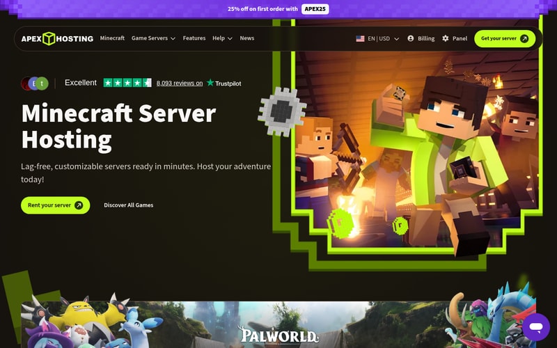 Apex Hosting’s Minecraft server hosting page, rated Excellent with 8,093 Trustpilot reviews, advertising lag-free customisable servers ready in minutes