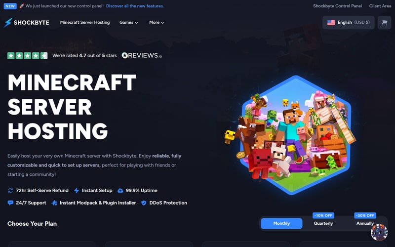 Shockbyte’s Minecraft server hosting page, rated 4.7 out of 5, listing a 72-hour self-serve refund, instant setup, 99.9% uptime, 24/7 support, an Instant Modpack & Plugin Installer and DDoS protection, with monthly, quarterly and annual billing toggles