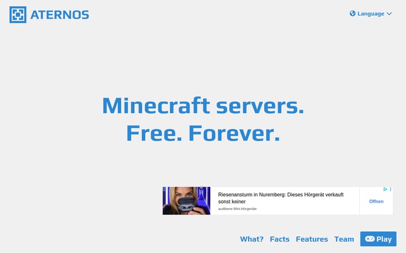 The Aternos homepage, headed “Minecraft servers. Free. Forever.”, with a display advert beneath it