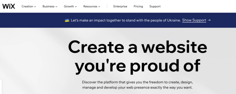 A screenshot of Wix's homepage.