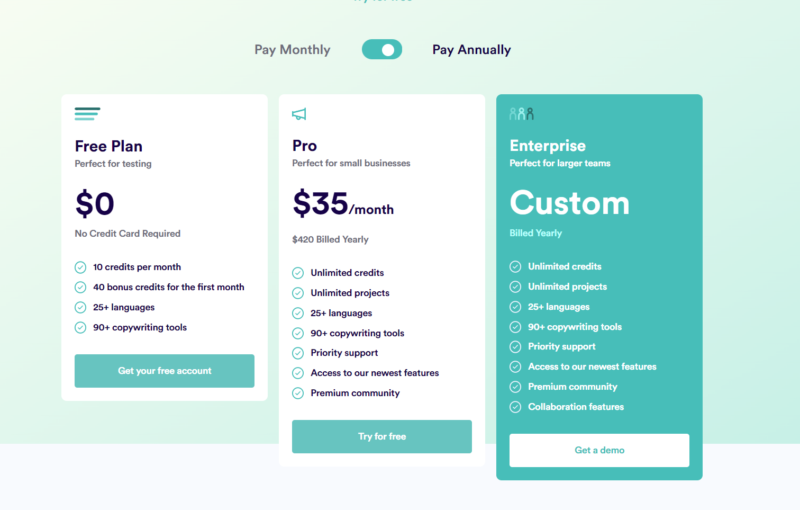 CopyAI Pricing page