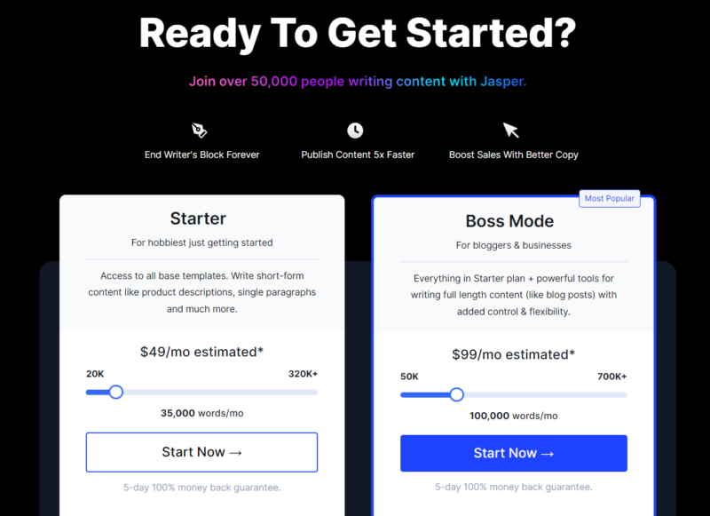 Jasper pricing page