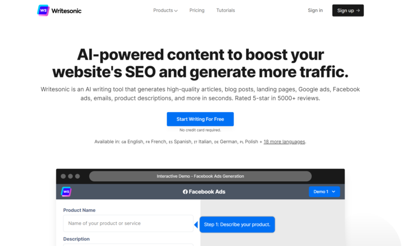 Writesonic homepage