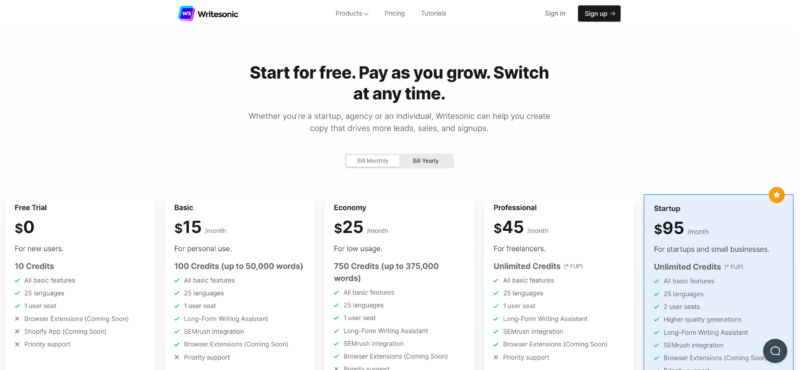 Writesonic pricing page