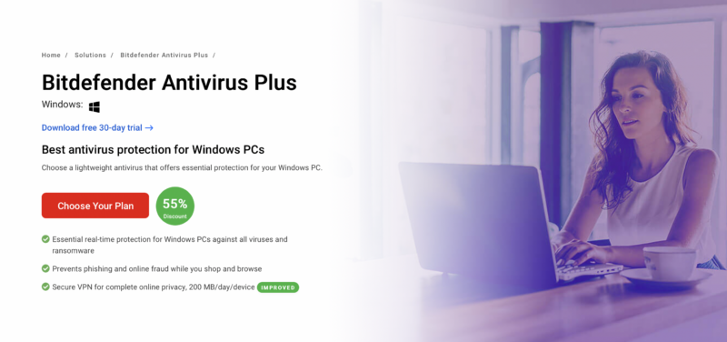 Bitdefender Antivirus Plus homepage