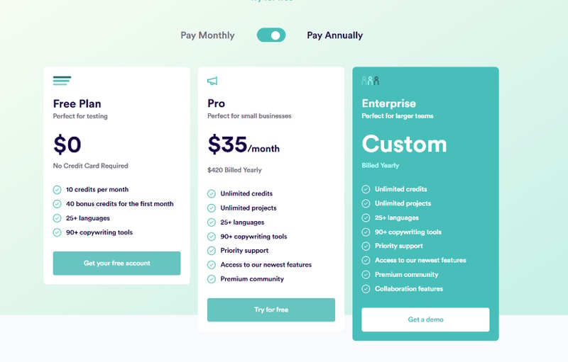CopyAI Pricing page