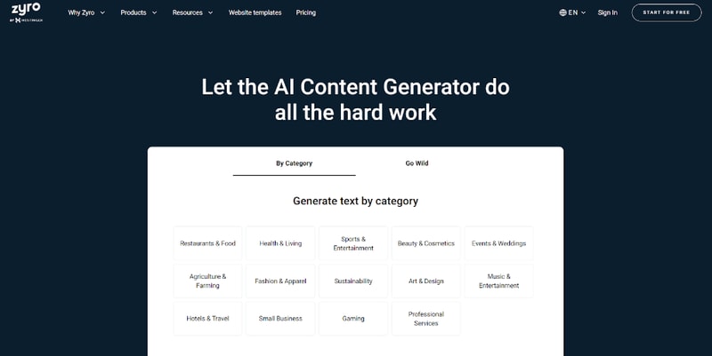 Zyro AI Writer homepage