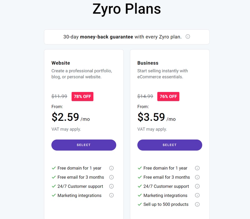 Zyro Pricing Page
