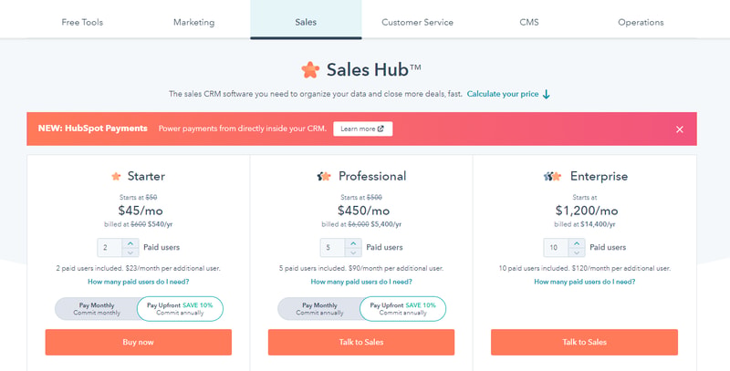 HubSpot pricing page