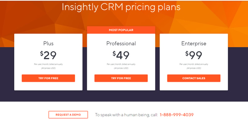 Insightly CRM pricing page