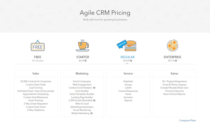 Pricing page for Agile CRM