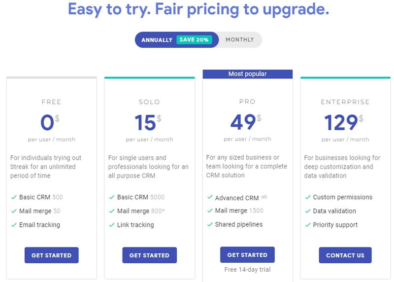 Streak pricing page