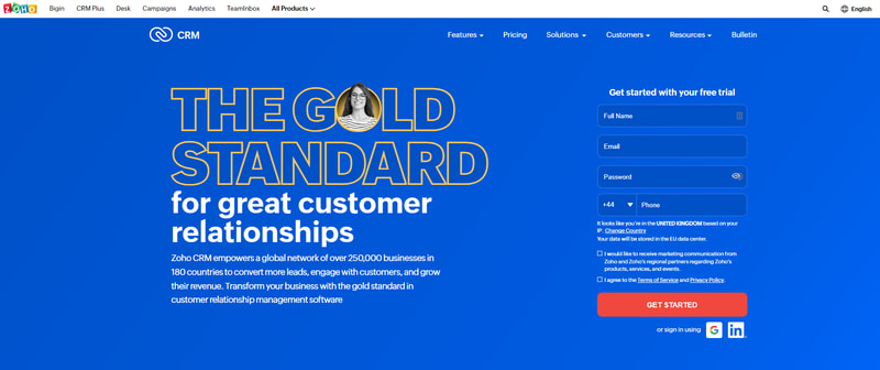 Zoho CRM software homepage