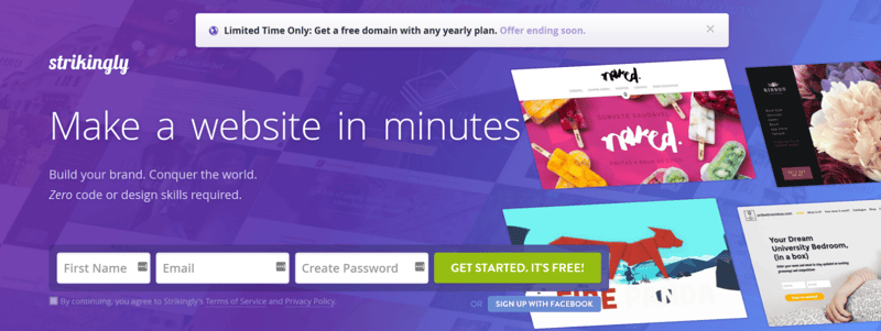 A screenshot of Strikingly's homepage.