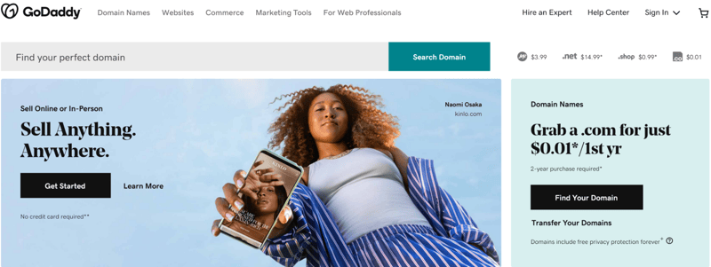 Screenshot of GoDaddy homepage