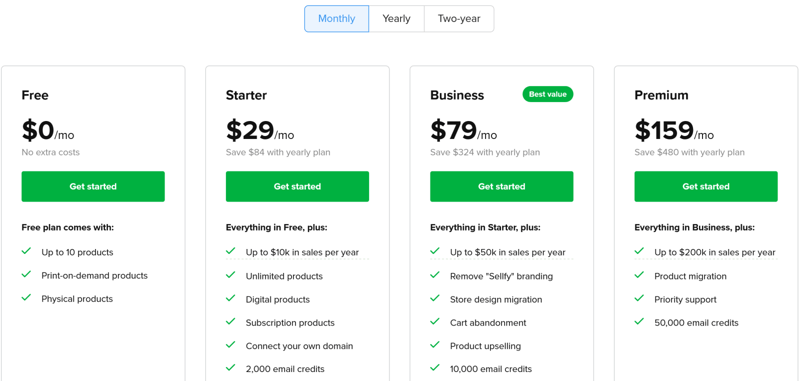 Screenshot of Sellfy's four pricing options in a table.