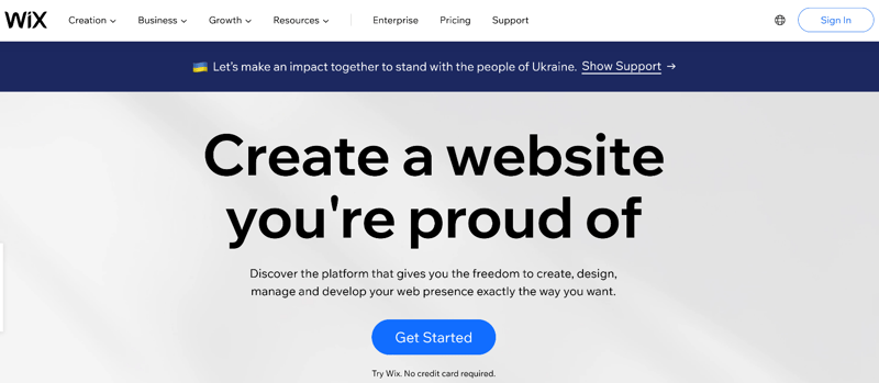 Screenshot of Wix homepage