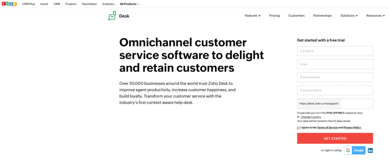 Zoho Desk homepage