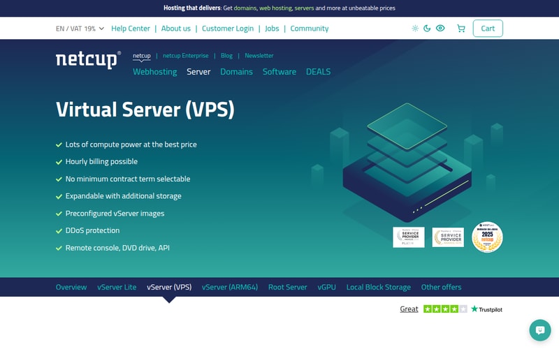 netcup VPS page showing European server plans with generous specifications at low prices