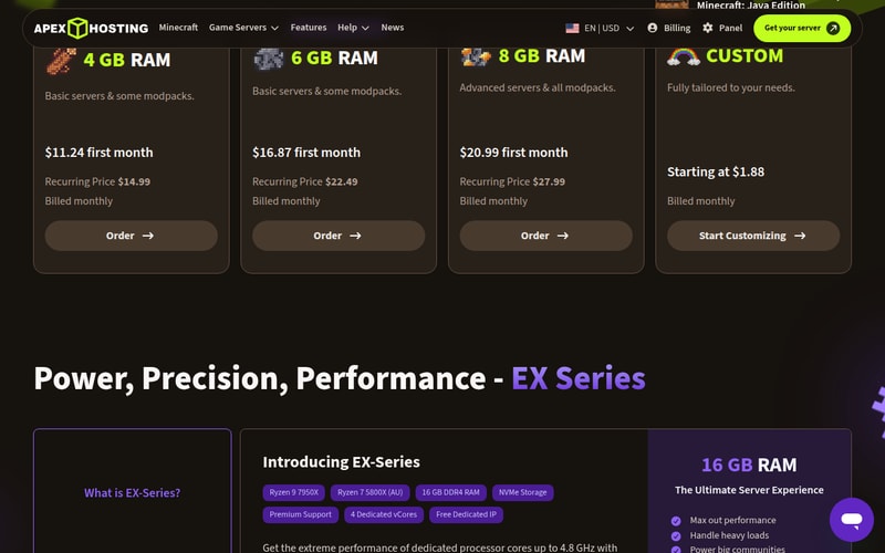 Apex Hosting plan cards showing 4GB, 6GB and 8GB tiers, and an EX-Series section listing Ryzen 9 7950X and Ryzen 7 5800X processors