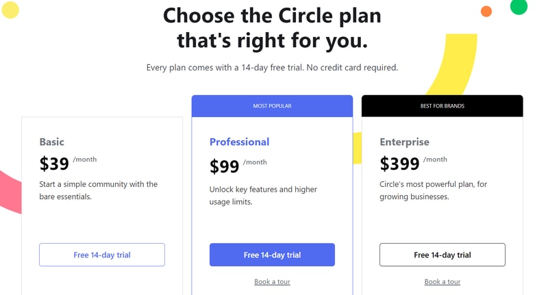 Circle pricing page
