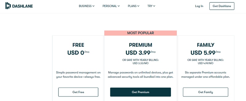 Dashlane pricing for Personal plans