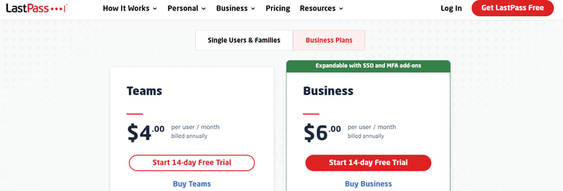 LastPass priciing for Business Plans