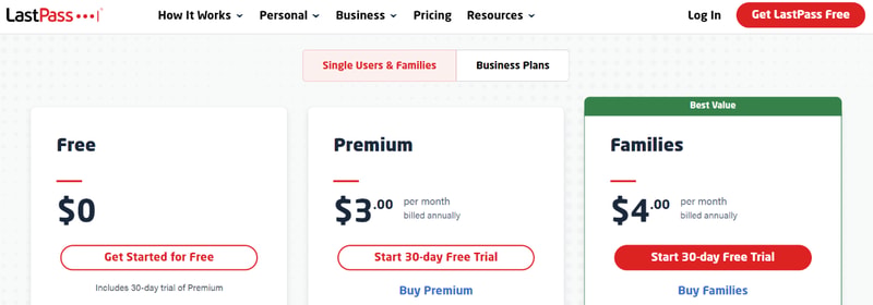 LastPass pricing for Single Users & Families