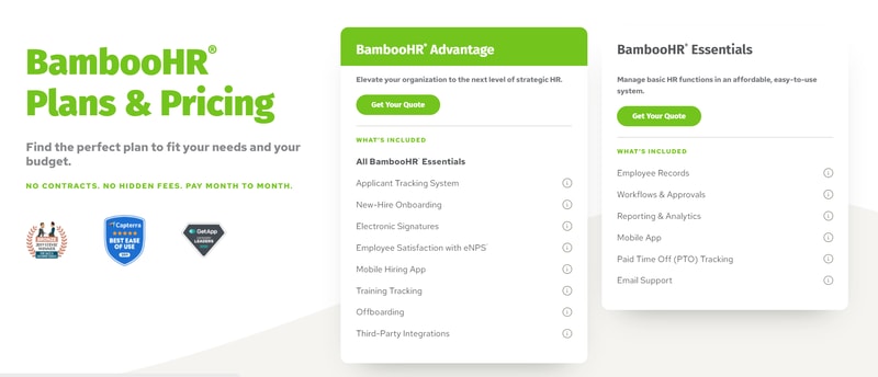 BambooHR pricing page