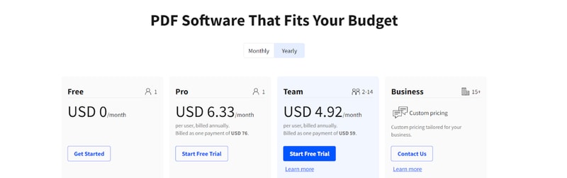 Página de preços SmallPDF