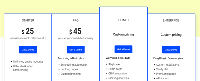 A screenshot Demodesk's four paid pricing tiers.