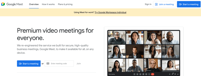 A screenshot of Google Meet's homepage.