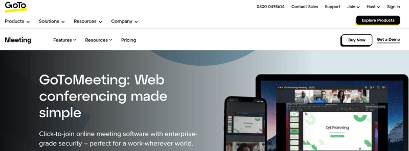 A screenshot of GoToMeeting's homepage.