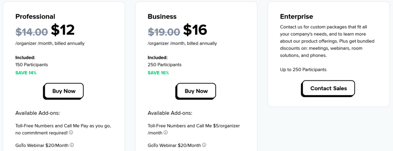 A screenshot of GoToMeeting's pricing plan which has three options.