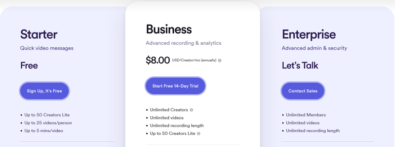 A screenshot of Loom's pricing plan which comes in three tiers.
