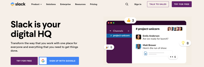 A screenshot of Slack's homepage.