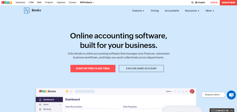 Zoho Books Homepage
