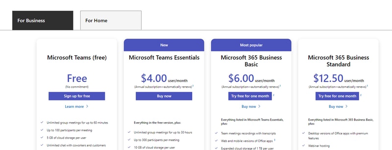 Microsoft Teams Pricing Page
