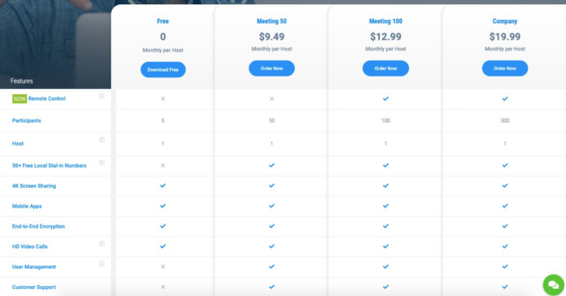 Team Viewer Meeting Pricing page