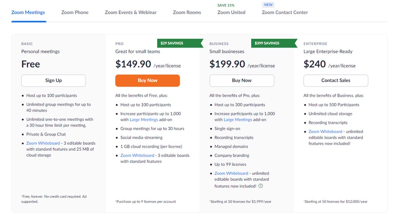 Zoom Pricing Page