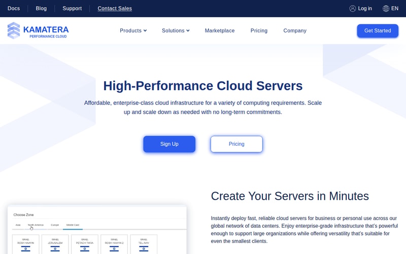 Kamatera cloud servers page showing configurable vCPU, RAM and storage with hourly billing
