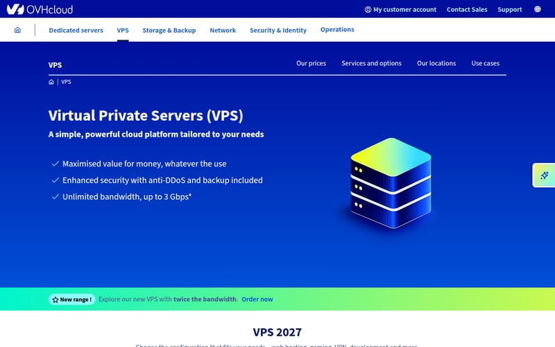 OVHcloud VPS page showing European data centre options and included DDoS protection