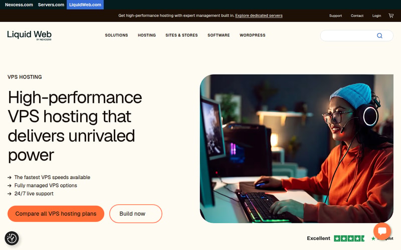 Liquid Web VPS hosting page advertising fully managed VPS options and 24/7 live support